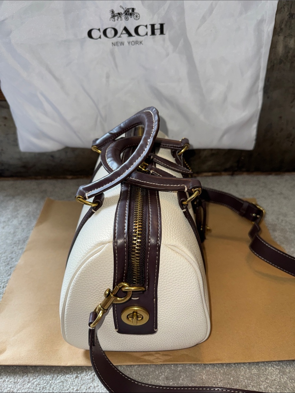 Coach Ruby Satchel 25 in Chalk with Dark Brown Trim and strap - Picture 4 of 15